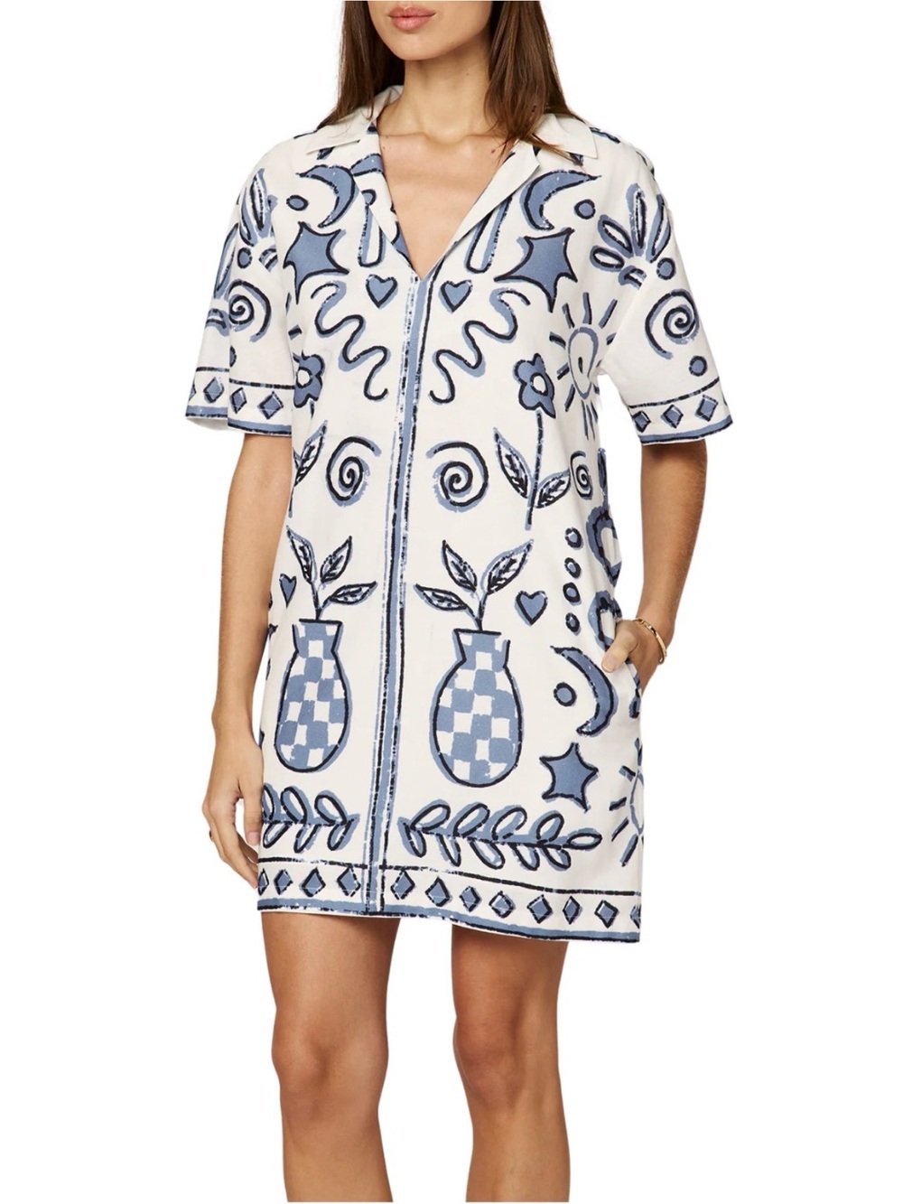 Cleobella White and Blue Printed Zip-Front Swim Coverup